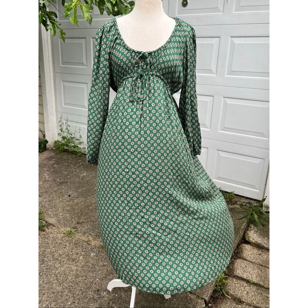 Anthropologie Adelaide Tie Front Midi Dress Green Boho Cottagecore Balloon Sleev - Picture 12 of 12